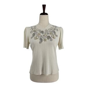 Vintage Tobi California Beaded Embroidered Knit Sweater S Top Short Sleeve Cream
